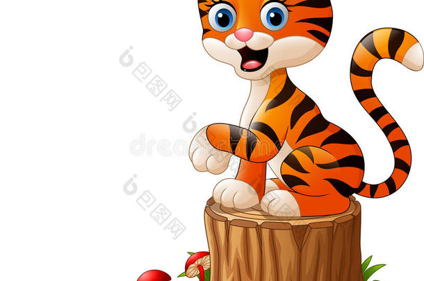 卡通小老虎坐在树桩上