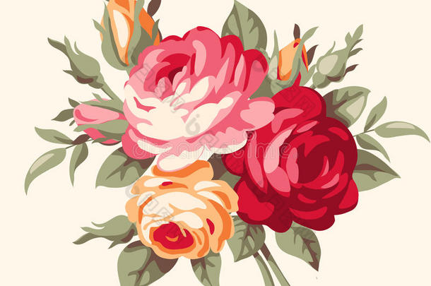 古董玫瑰的装饰花束。 矢量古董花