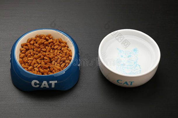在黑色地板上的碗里干<strong>猫粮</strong>和水