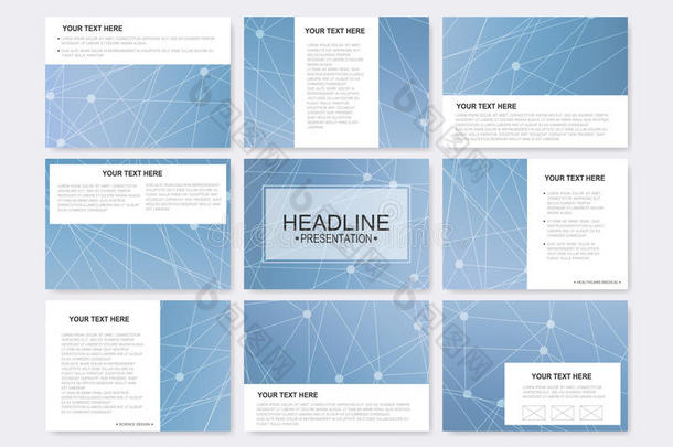 演示幻灯片的大型向量模板集。 现代图形背景分子结构与通信