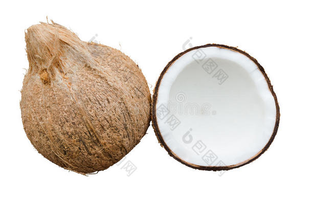 椰子<strong>水果切</strong>成两<strong>半</strong>，椰子分离在白色的b上