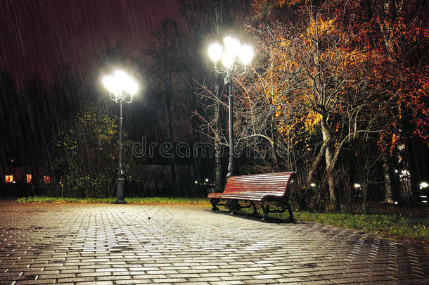 秋天的雨夜，寂寞的长凳下落下秋雨-夜秋的风景。