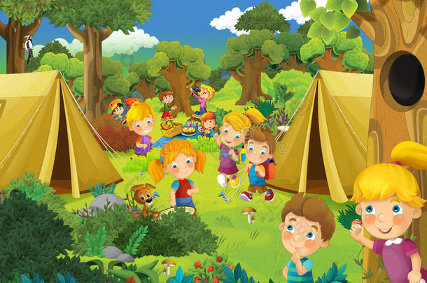 卡通场景，孩子们在公园里玩得很开心-露营帐篷