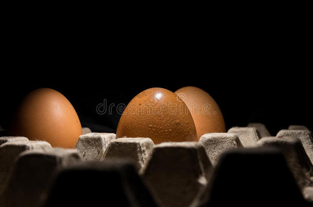 黑色背景的托盘中的新鲜鸡蛋