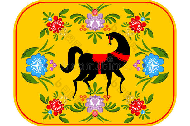大猩猩画黑马和花卉元素。 俄罗斯民族民间工艺。 俄罗斯的传统装饰画。 花