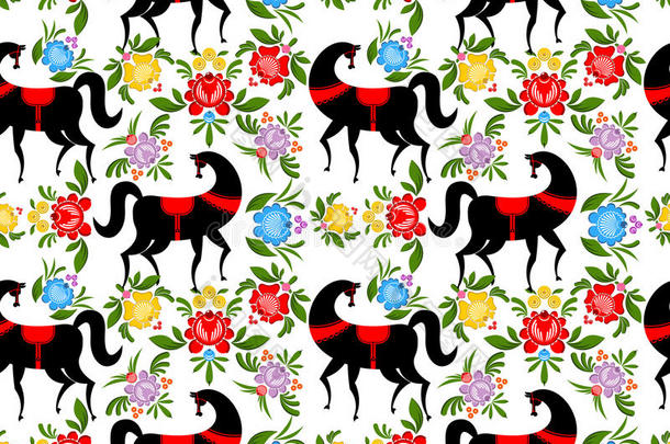大猩猩画黑马和花卉无缝图案。 俄罗斯民族<strong>民间工艺</strong>装饰品。 传统装饰纹理p