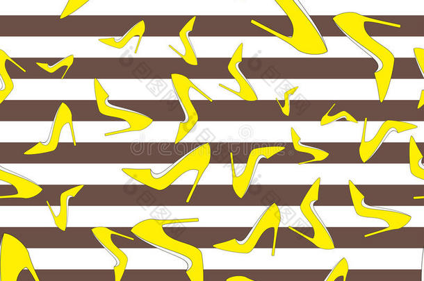 宫廷鞋无缝图案-黄色泵在棕色和白色条，矢量插图