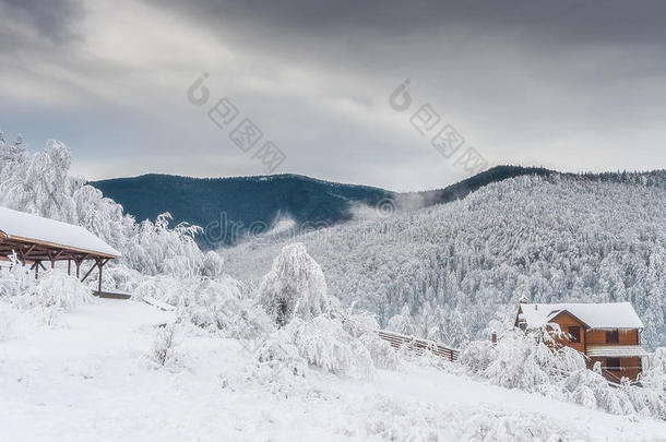 美丽的冬季景观，在白雪覆盖的森林和山脉的背景下有一座房子。