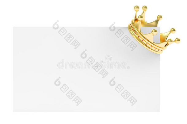空白卡上的金色皇冠，3D渲染