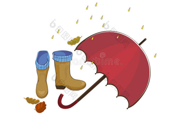 带雨伞的秋天插图，还有雨、树叶、雨伞、水池、橡胶靴。 灰色背景样式上的向量。
