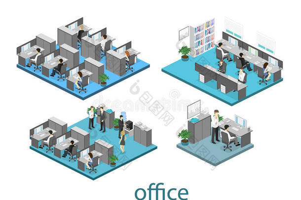 平面三维等距抽象办公楼层内部部门的概念。 办公室的插图
