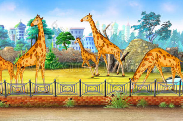 <strong>长颈鹿</strong>在动物园的全彩色插图