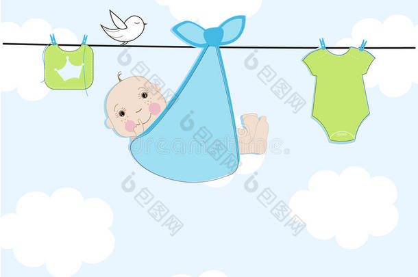 婴儿淋浴贺卡与婴儿和婴儿服装矢量插图