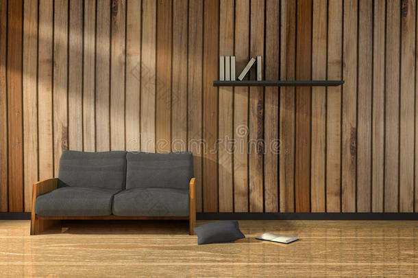 三维渲染：在日出或日落时刻用现代阁楼极简主义家具风格来说明室内木制房间