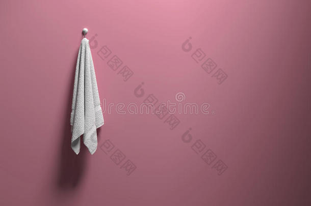 三维渲染：插图一条干净的白色毛巾挂在粉红色的粉墙上，<strong>光影</strong>，复制<strong>空间</strong>