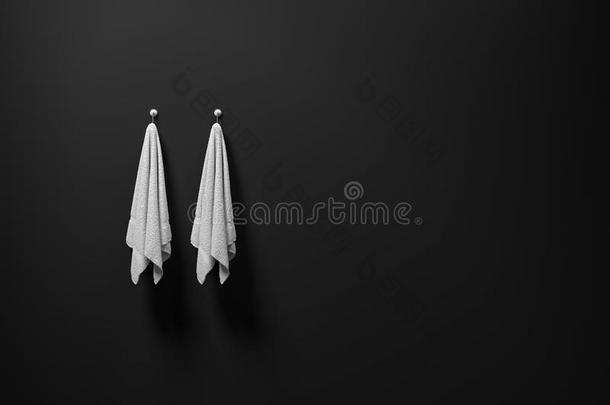 三维渲染：两条干净的白色毛巾挂在<strong>无光泽</strong>的黑色墙壁上，光影，复制空间