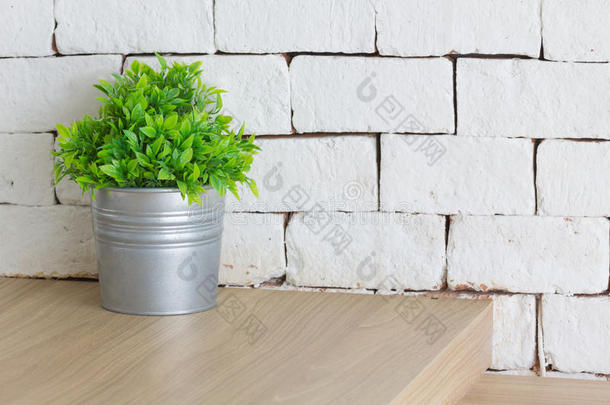 绿色植物塑料在<strong>小锅</strong>与白色砖墙背景。