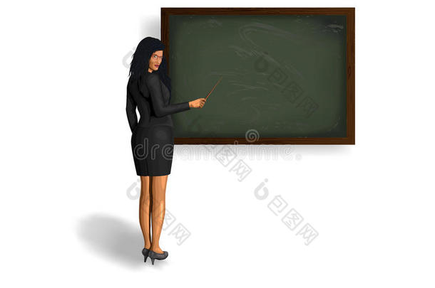 漂亮的女老师戴着漂亮的眼镜，经典的西装站在黑板附近，指针提示在手。 矢量特写