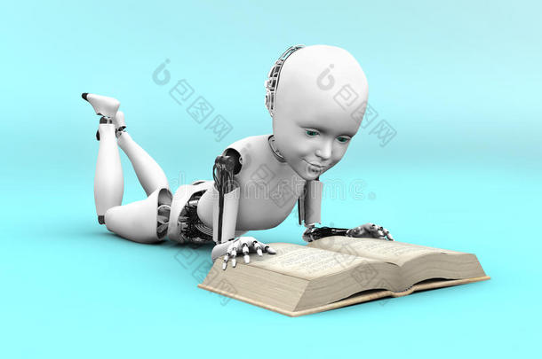 机器人儿童阅<strong>读书籍</strong>的三维渲染。