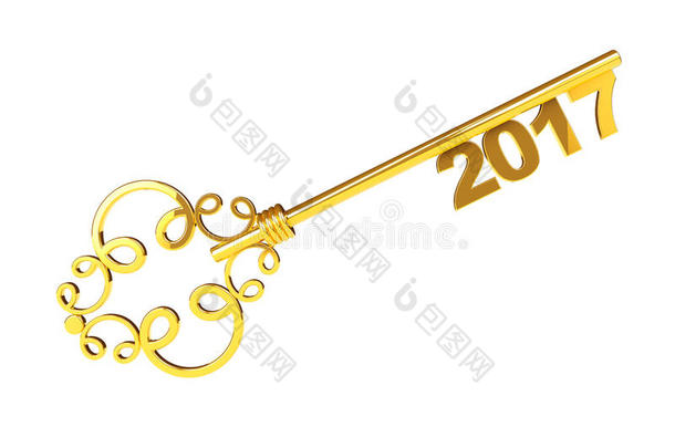 金色复古钥匙与2017年标志。 三维渲染