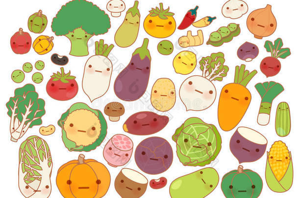 收集<strong>可爱</strong>的水果和蔬菜图标，<strong>可爱</strong>的胡<strong>萝卜</strong>，<strong>可爱</strong>的<strong>萝卜</strong>，甜番茄，卡瓦伊土豆，女孩玉米