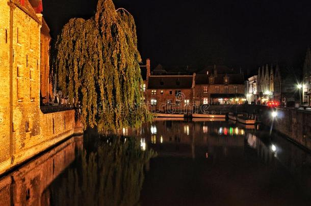 布鲁日夜景与运河和旧建筑，比利时