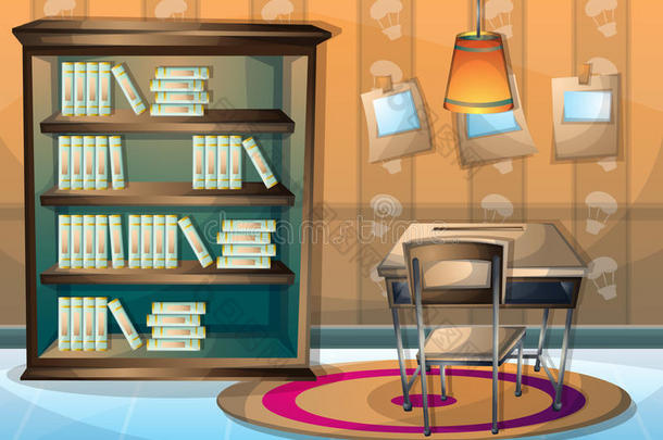 卡通矢量插图内部图书馆室与分离层