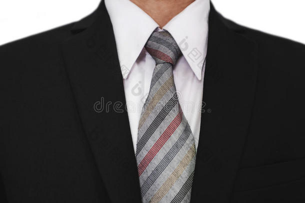 特写商人穿黑色西装，带灰色领带，白色衬衫