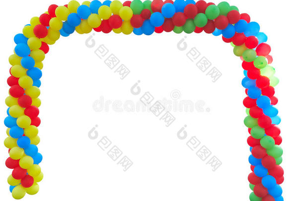 彩色拱门的红蓝黄绿气球隔离在白色上