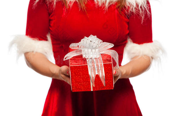 圣诞节，圣诞节，冬天，幸福概念-时间礼物-礼品盒，女孩在圣诞<strong>老人帮助</strong>帽子，超过红色