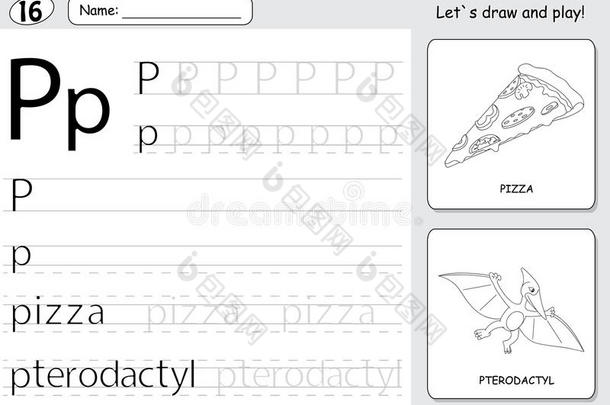 卡通披萨和翼龙。 字母追踪工作表：为孩子编写a-z和教育游戏