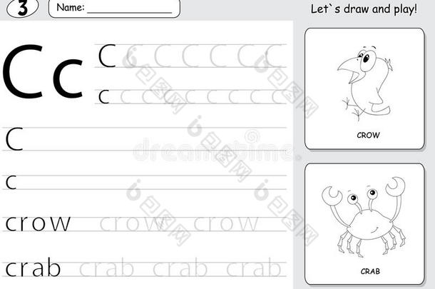 卡通乌鸦和螃蟹。 字母追踪工作表：写a-za