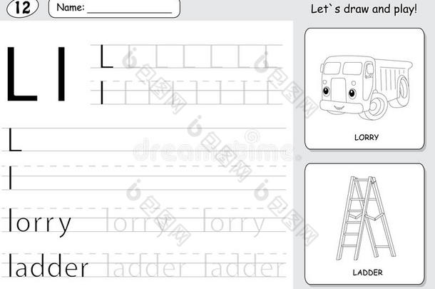 卡通卡车和梯子。 字母追踪工作表：为孩子编写a-z和教育游戏
