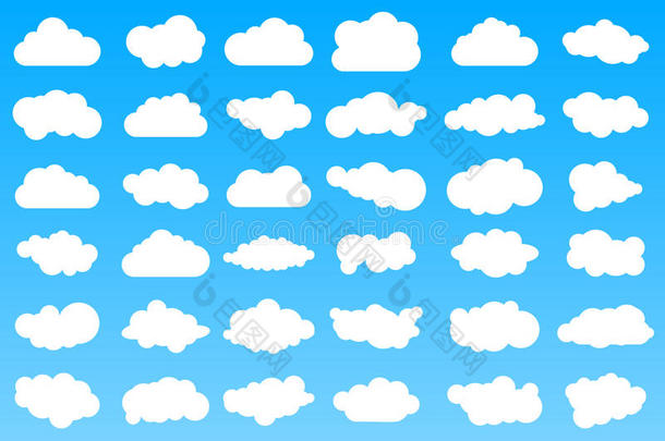 蓝色渐变背景上36个不同的卡通云图标。