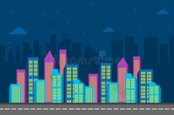 城市的颜色在夜晚的剪影