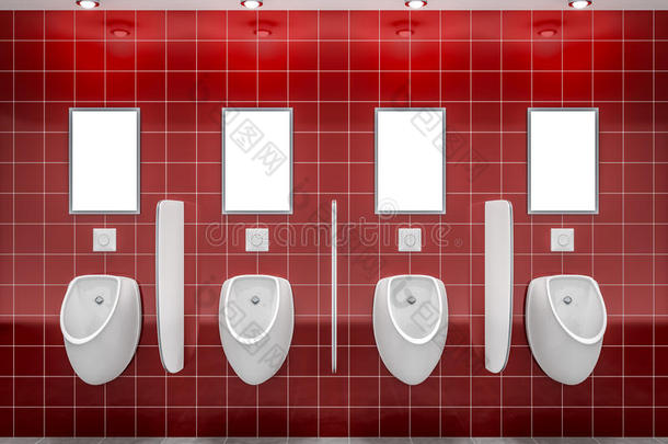 有四个<strong>小便</strong>池的红色公共厕所