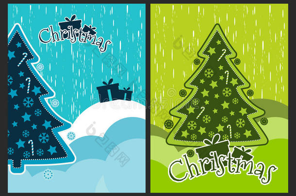 带有圣诞树和装饰品的<strong>圣诞海报</strong>。 新年庆祝拼贴。