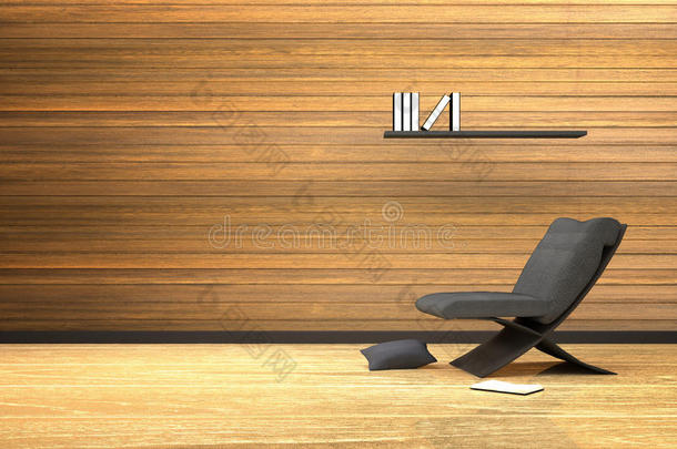 三维渲染：室内木制房间的插图与现代椅子家具和枕头在木地板上