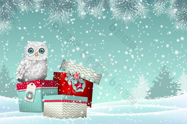 圣诞节主题，白色猫头鹰坐在雪景中的礼品盒上，插图