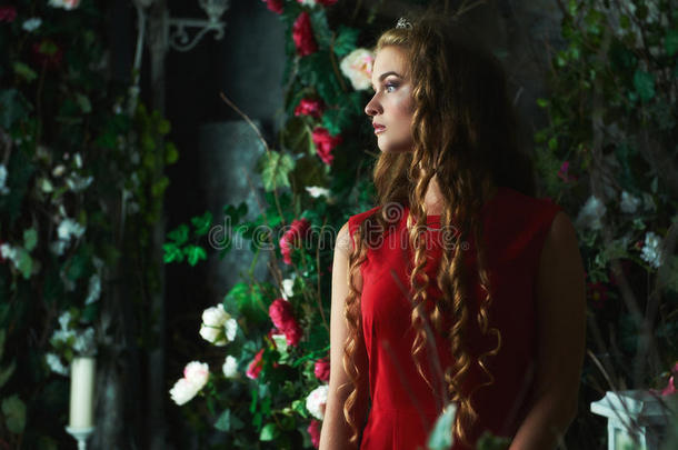 童话故事。 穿着红色连衣裙的美丽公主坐在一个神秘的花园里