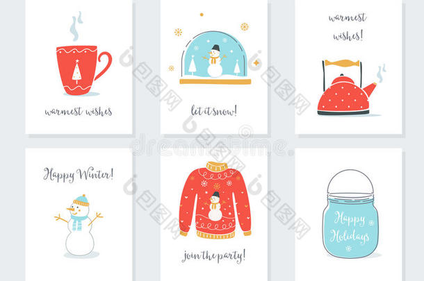 圣诞节，新年和寒假卡片与老式的伤感物品。 茶杯，雪球，水壶，毛衣