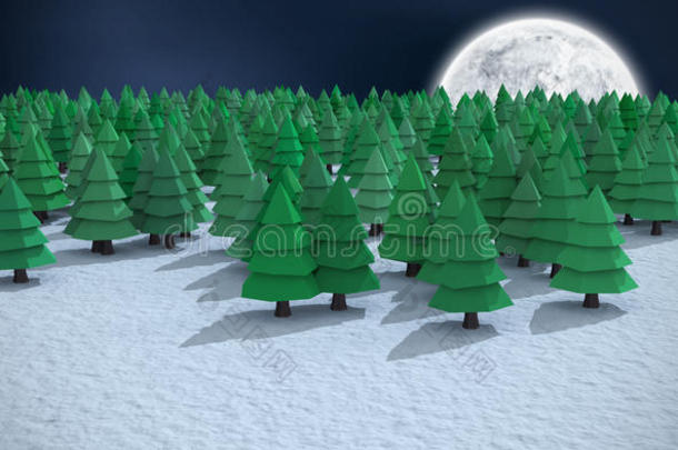 森林雪场上绿色圣诞树<strong>高角度视图</strong>的复合图像