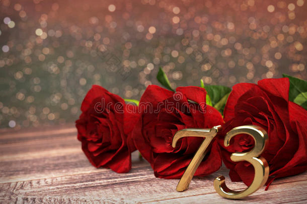 生日概念与红色玫瑰在木桌上。 第<strong>七十</strong>三条。 第73次。 三维渲染