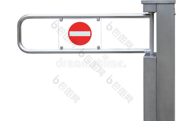 入口止血带详细转门，不锈钢，红色无入口标志，大隔离特写门禁安全概念