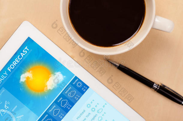 平板电脑在屏幕上显示天气预报，桌上放一杯咖啡