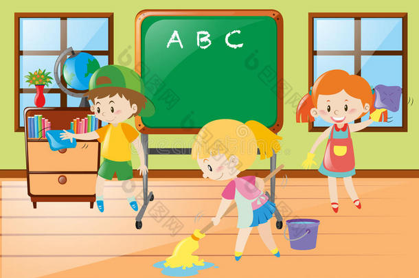 孩子们帮助打扫教室
