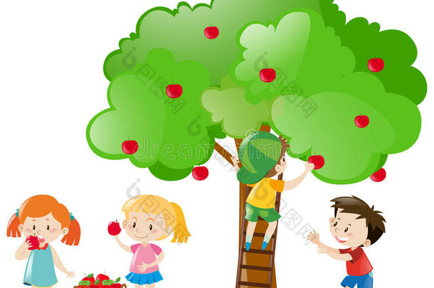 孩子们从树上摘苹果
