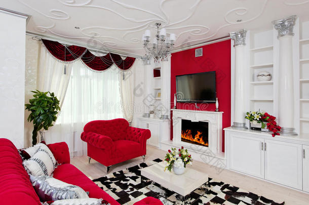 古典客厅内部白色和红色