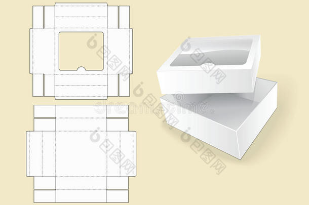 盒子模板。 包装。 白色纸板箱。 打开白色纸板包装盒。