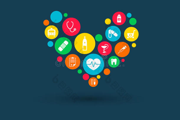 心形平面图标的彩色圆圈：医学、医学、战略、健康、交叉、保健概念